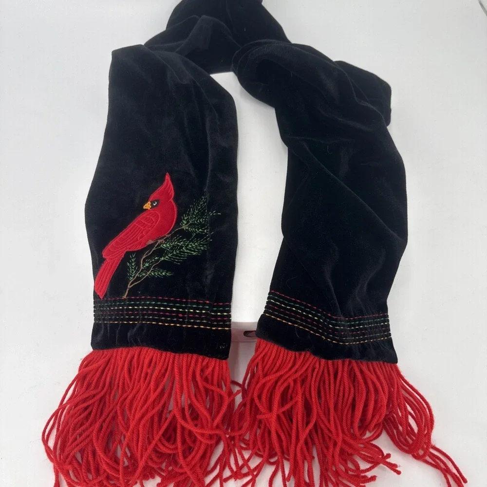 Black Velvet Embroidered Scarf W/ Cardinal Bird & Pond Branch &‎ Red Fringe